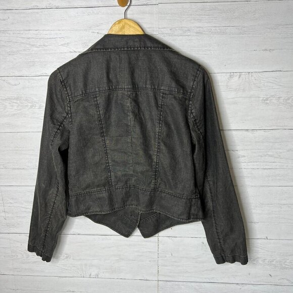 Cabi Jacket Womens Size Medium Black Faded Waxed 100% Linen Cropped Ruffle - Picture 13 of 16